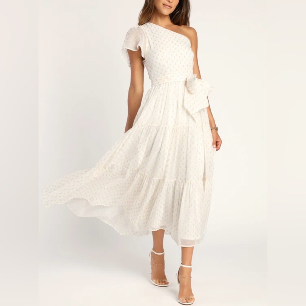 Lulu’s Shining Sight White Metallic Gold Dotted One-Shoulder Midi Dress in S/XS
